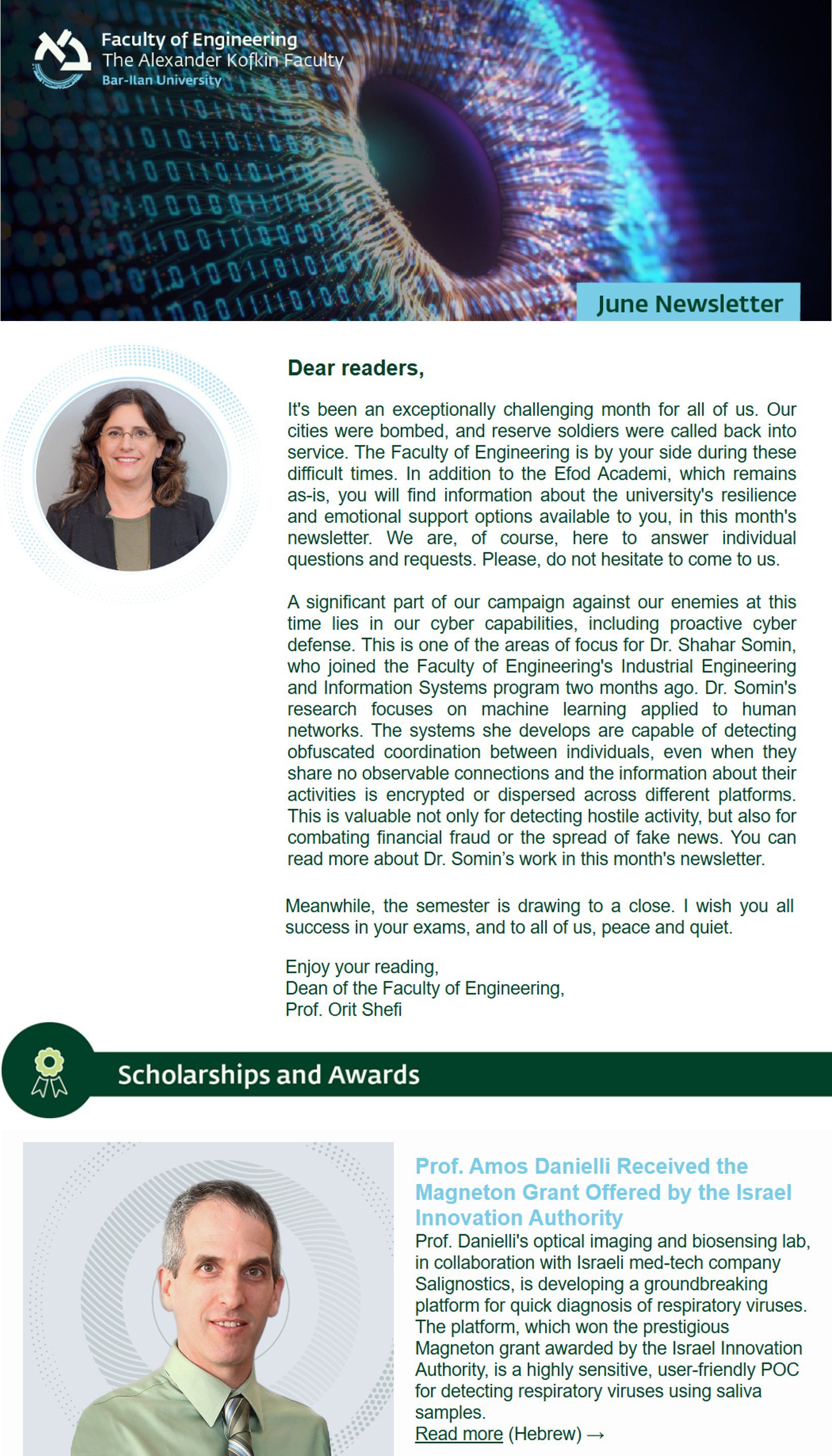 An article in the Bar-Ilan University Faculty of Engineering's June newsletter highlights Prof. Amos Danielli’s receipt of the Magneton grant from the Israel Innovation Authority.

The article focuses on our lab’s collaboration with the Israeli med-tech company Salignostics, where we are developing an innovative platform for the rapid detection of respiratory viruses using saliva samples. This highly sensitive, user-friendly point-of-care system is designed to make fast and accessible virus diagnosis possible.