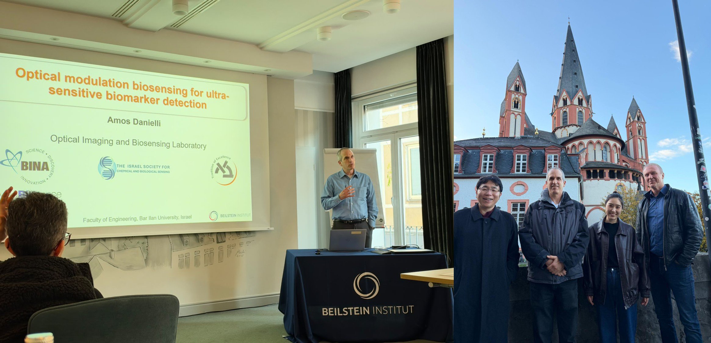 The Beilstein Nanotechnology Symposium took place in Limburg, Germany, on October 27–29th. The head of the Optical Imaging and Biosensing Laboratory at Bar-Ilan University, Prof. Amos Danielli, presented our lab’s research and technology in an invited lecture titled “Translating nanotechnology into diagnostics: optical modulation biosensing for ultra-sensitive biomarker detection.”

Prof. Danielli also had the pleasure of meeting colleagues in the biosensing field, including Prof. Tsuyoshi Minami and Dr. Yui Sasaki of the University of Tokyo, Japan, and Prof. Karsten Haupt of the University of Technology of Compiègne, France.
