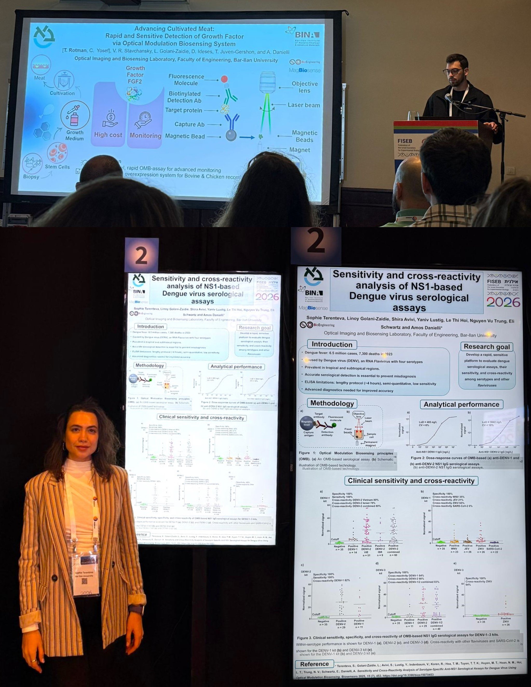The 11th conference of the Federation of the Israeli Societies of Experimental Biology (FISEB/ILANIT) was held from February 23 to 26 in Eilat. The triennial conference brings together researchers from across Israel to present and discuss recent advances in the life sciences.

Members of the Optical Imaging and Biosensing Laboratory, led by Prof. Amos Danielli, presented three posters highlighting the laboratory’s ongoing research. The work was presented by Dr. Linoy Golani-Zaidie (Lab Manager), Sophie Terenteva (Ph.D. student), and Tom Rotman (M.Sc. student).

In addition, Prof. Amos Danielli, the laboratory’s principal investigator, served as co-chair of the Chemical and Biological Sensing session at the conference.