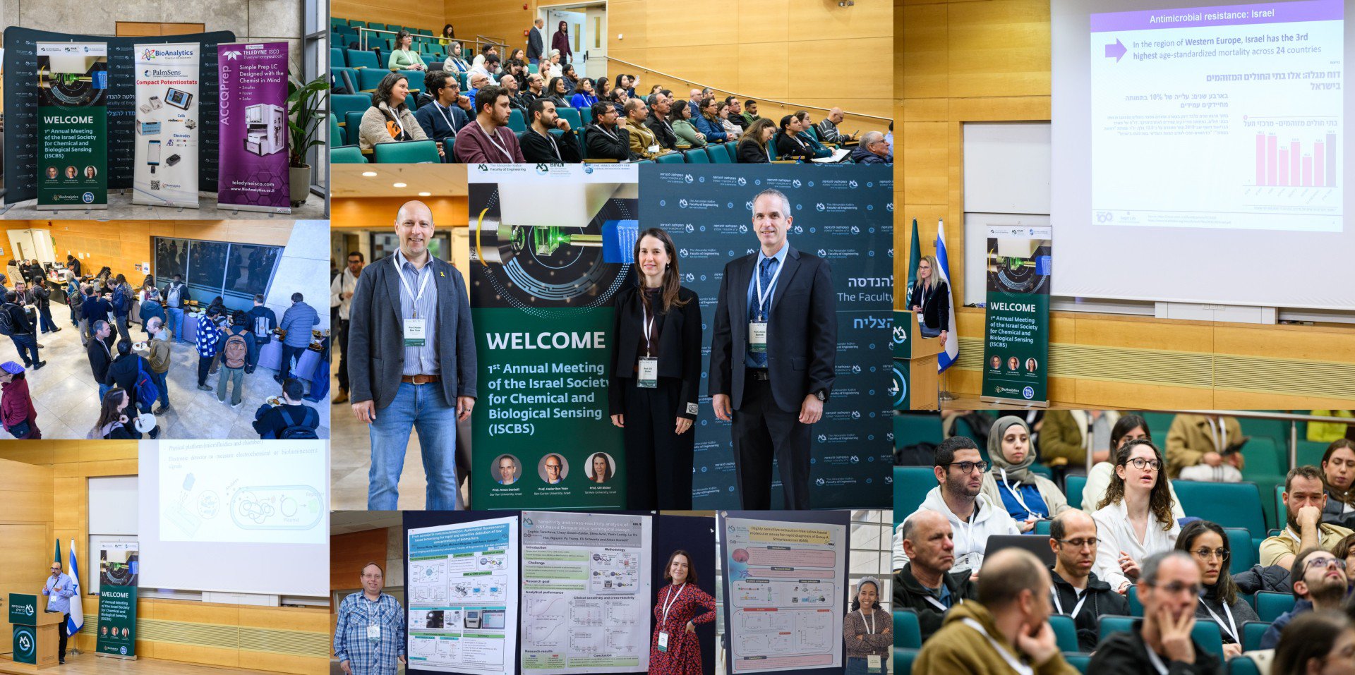 The historic 1st annual conference of the Israeli Society for Chemical and Biological Sensing (ISBCS) took place at the Institute of Nanotechnology and Advanced Materials at Bar Ilan University on February 13th.

The scientific committee for the conference was composed of Prof. Amos Danielli, from the Faculty of Engineering and the Institute of Nanotechnology and Advanced Materials at Bar Ilan University, Prof. Hadar Ben-Yoav, from Ben-Gurion University of the Negev, and Prof. Gili Bisker, from Tel Aviv University.

Generously sponsored by ILMAR and BioAnalytics Ltd, the conference brought together numerous biomedical researchers, as well as representatives from the Directorate of Defense Research and Development (DDR&D, MAFAT), the Israel Innovation Authority, and the Ministry of Innovation, Science, and Technology. The organizing committee expresses sincere gratitude to the distinguished speakers from prominent academic institutions across Israel: Prof. Ester Segal (Technion), Prof. Gil Shalev (Ben-Gurion University), Prof. Ariel Kushmaro (Ben-Gurion University), Dr. Zvi Yaari (Hebrew University), Prof. David Margulies (Weizmann Institute of Science), Prof. Rachela Popovtzer (Bar Ilan University), and Prof. Ramez Daniel (Technion).

The committee also extends its thanks to the 40 students who participated in the poster competition, showcasing their research contributions.

As part of the program, the attendees had the opportunity to learn about some of the ongoing research in our Optical Imaging and Biosensing laboratory, presented by our Biological Lab Manager, Dr. Linoy Golani-Zaidie, and our Ph.D. students, Shmuel Burg and Sophie Terenteva, who shared their latest research through three different posters.