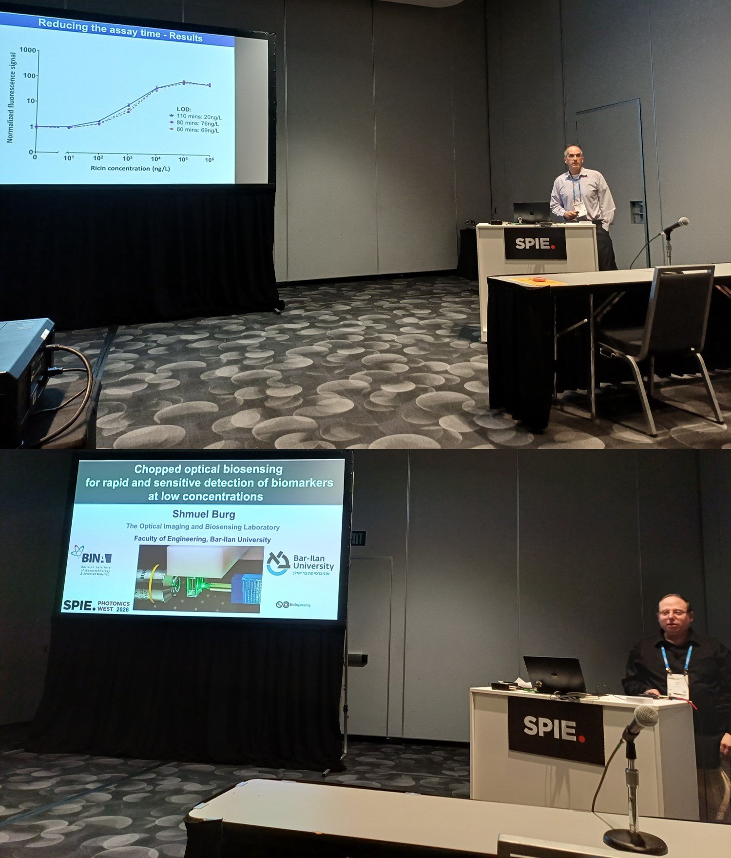 From January 17–22, one of the world’s largest annual gatherings of the laser and photonics community, SPIE Photonics West, was held in San Francisco, USA. During the conference, Prof. Amos Danielli, our principal investigator and joint chairman of the BIOS conference, and Ph.D. student, Shmuel Burg, presented several research projects from our lab completed in 2025. Their presentations in the "Other Innovative Sensors I" and "Fluorescence and Luminescence" sessions of the BIOS conference highlighted the lab’s ongoing contributions to cutting-edge optical imaging and biosensing technologies.
